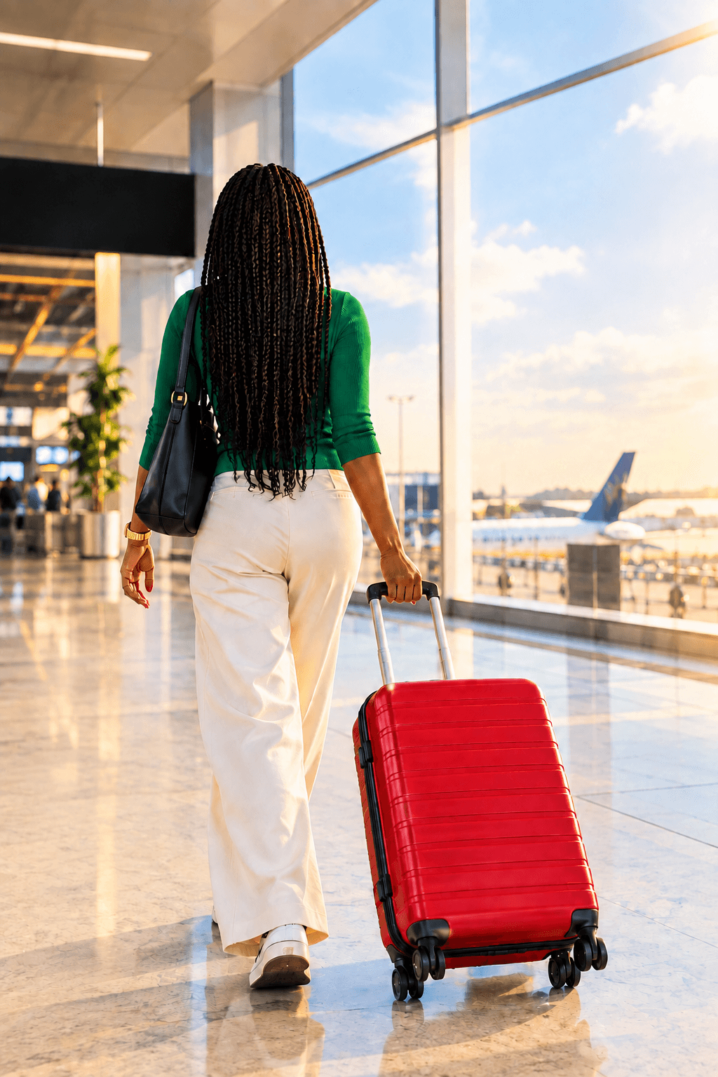 Traveler pulling a suitcase through the airport, ready for the move abroad